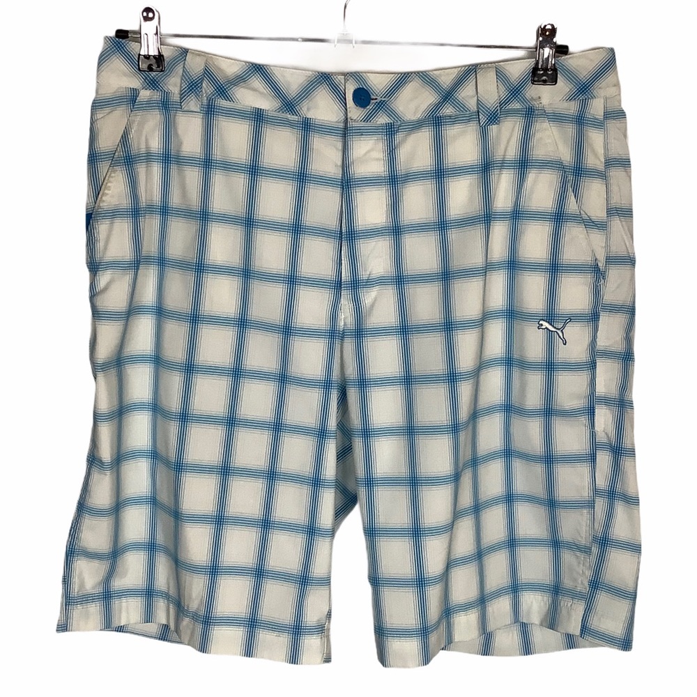 PUMA Golf Shorts Men Lifestyle Flat Front 36W Blue Windowpane Pattern